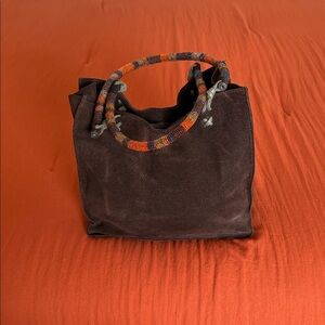Chic Brown Suede Satchel with Beaded Handle